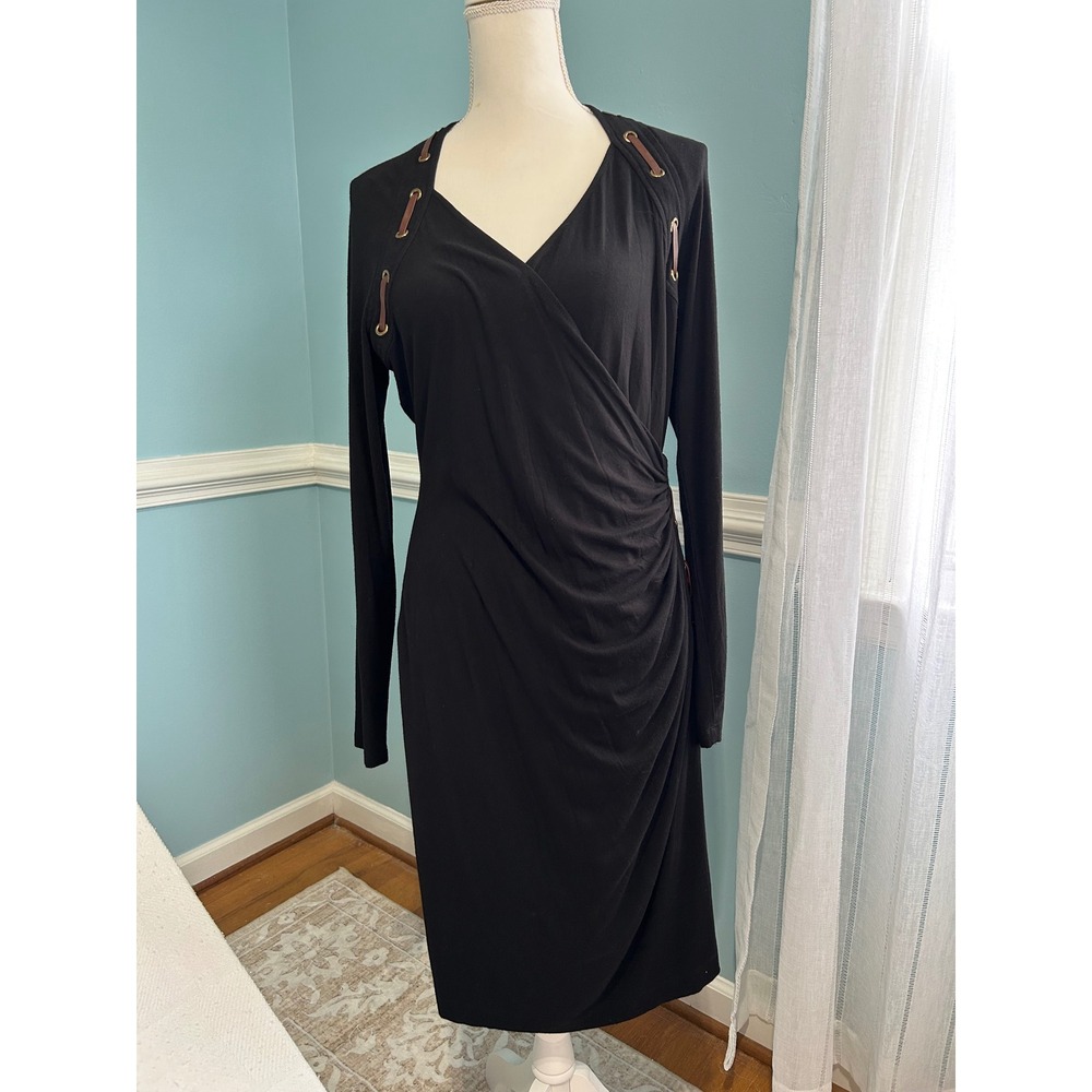 Carmen Marc Valvo Black Wrap Dress Faux Leather sexy edgy, Goth witchy XL dark